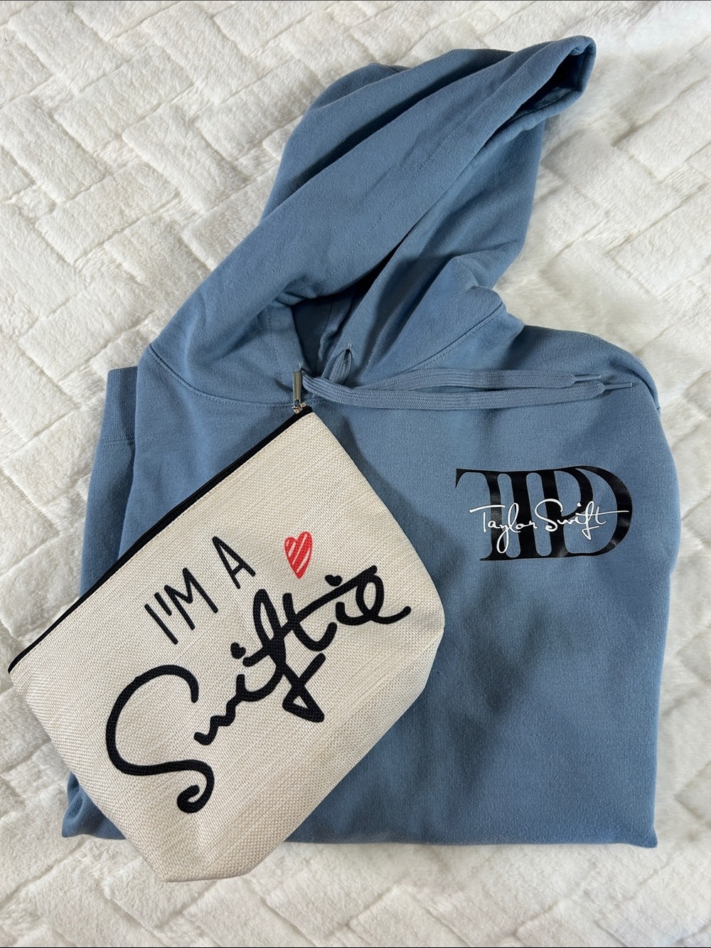 Taylor Swift Light Blue TTPD Lyrics Women’s Hoodie w Swifty pouch 
Size Medium
